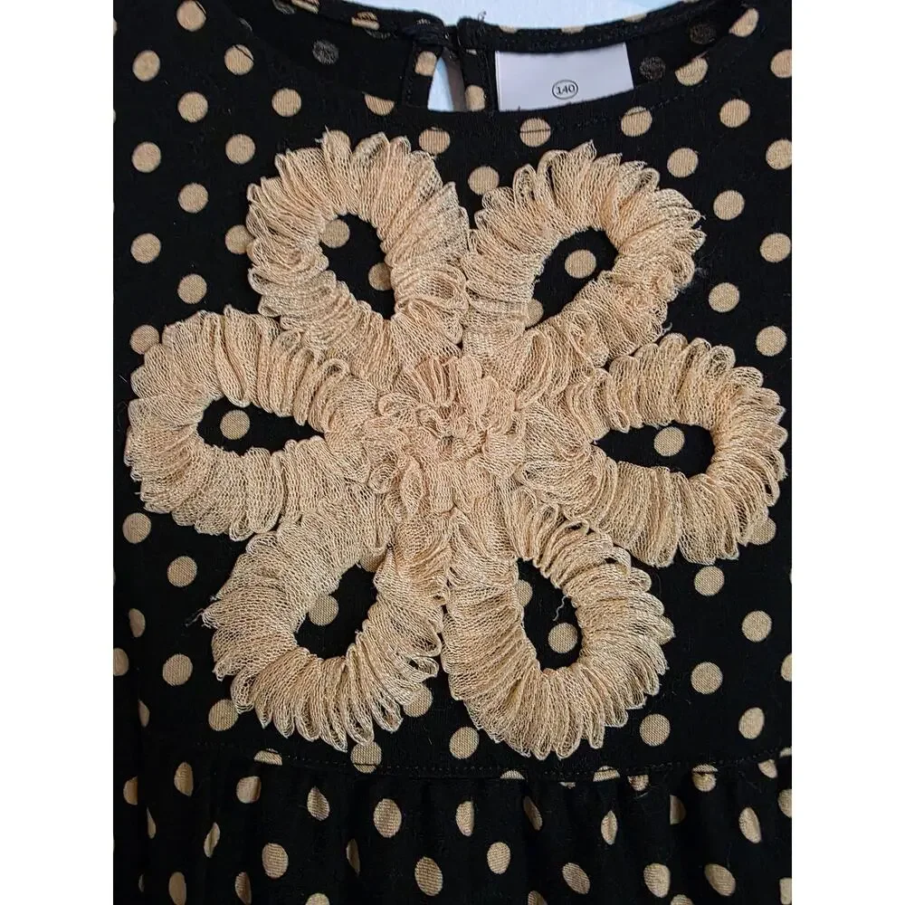 Hanna Anderson Dress Girl's 140 (US 10) 9-10 Years Old Black Gold Polka Dots